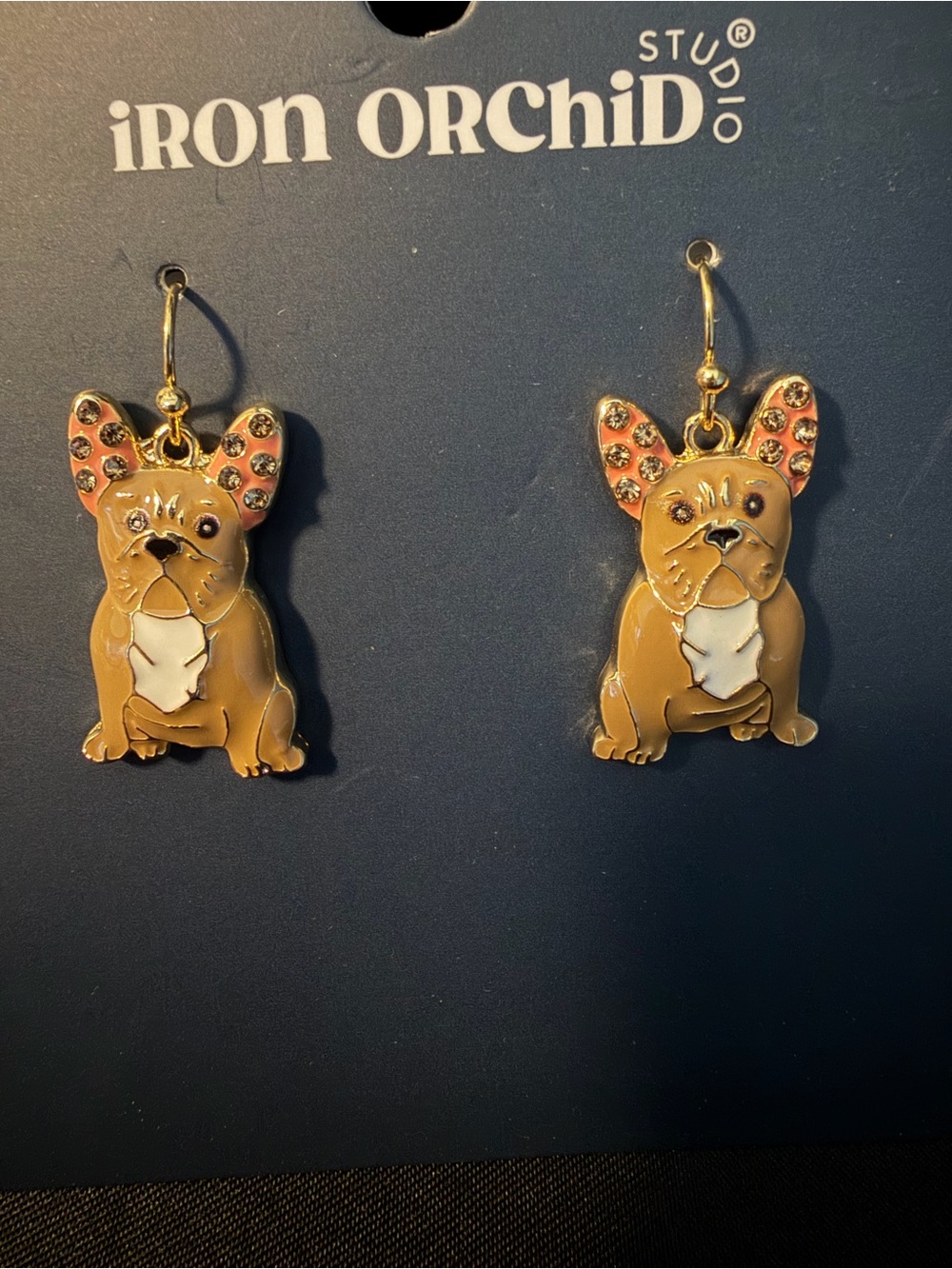 French Bulldog Dog Enamel Earrings - Pink Accent. NEW